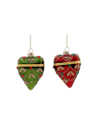 2Asst 7cm Glass Red & Green Opening Heart Orn w/ Gold Details