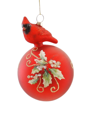 12cm Glass Red Ball w/ Mistletoe & Bird