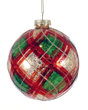 10cm Glass Gold w/ Red, Green & Gold Stripes Ball