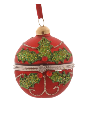 6cm Glass Red w/ Mistletoe Design Opening Ball