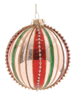10cm Glass Gold Ball w/ Red & Green Stripes