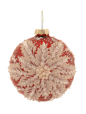 10cm Glass Red w/ White Flower Ball