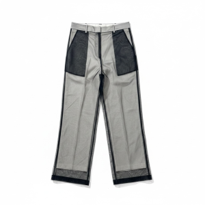 Gray wide-leg pants with black mesh panels at the hips and sheer trim along the legs.