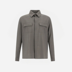 Gray button-up shirt-jacket with two flap chest pockets and a classic collar, long sleeves.