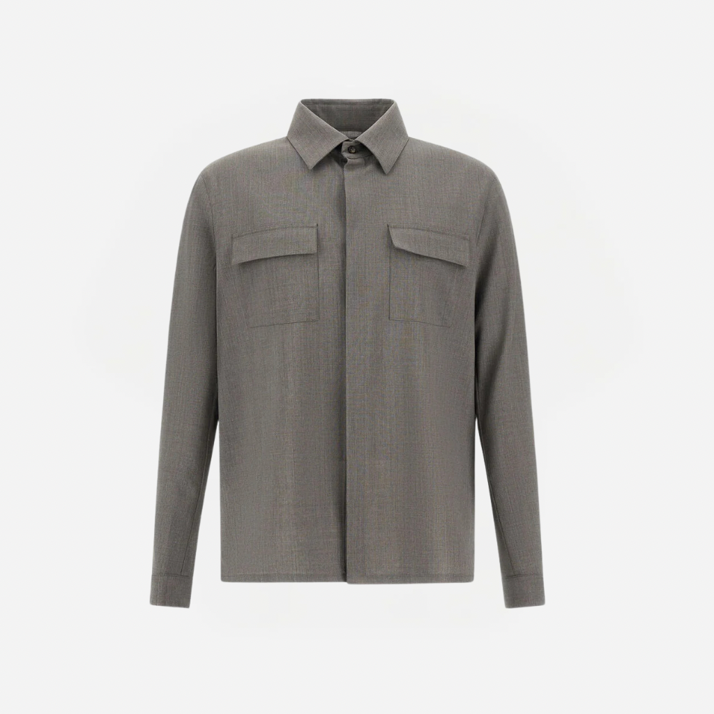 Gray button-up shirt-jacket with two flap chest pockets and a classic collar, long sleeves.