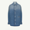 Blue denim long-sleeve button-down shirt jacket with a classic collar and visible white buttons on a plain light background.