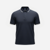 Navy polo shirt with white striped collar and sleeve cuffs on a white background