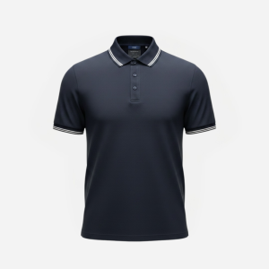 Navy polo shirt with white striped collar and sleeve cuffs on a white background