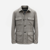 Gray plaid button-front jacket with four front pockets (two chest, two lower) and dark buttons.