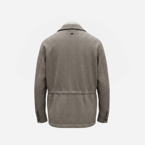 Back view of a grey plaid blazer, showing a folded collar and long sleeves with buttoned cuffs.