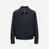 Navy bomber jacket with front zipper and two side pockets on a light background.