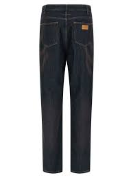 Back view of dark denim jeans with a brown leather patch on the waistband.