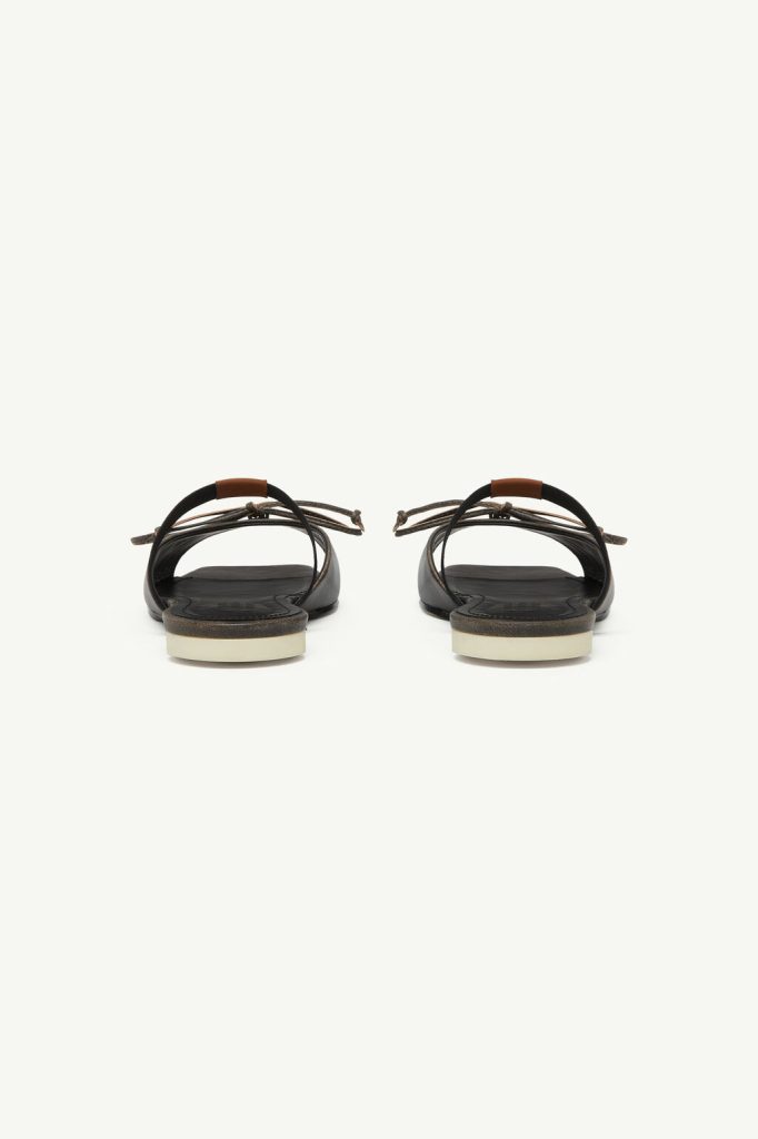Pair of black sandals seen from behind with ankle straps and light soles on a pale background.