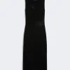 Black sleeveless knit midi dress with transparent perforated panels across the bodice, waist, and hem.