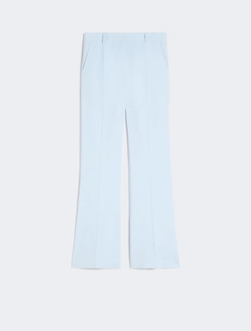 Light blue tailored dress pants with pressed creases and a straight leg, laid flat