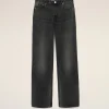 Front view of black denim jeans on a light background, showing 5-pocket design and button closure at the waist
