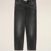 Dark wash jeans laid flat, showing waistband, front pockets, and zipper area against a light background.