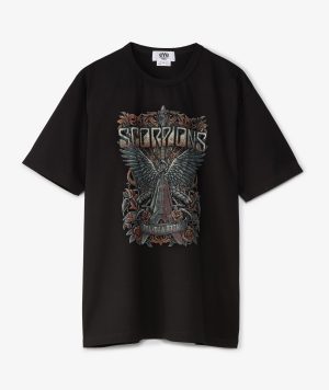 Black T-shirt featuring a detailed graphic with a winged guitar and the word SCORPIONS across the chest.