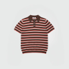 Brown polo shirt with red and white horizontal stripes, short sleeves and a three-button placket at the collar area.