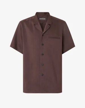 Brown short-sleeve button-down shirt with a single chest pocket and front buttons