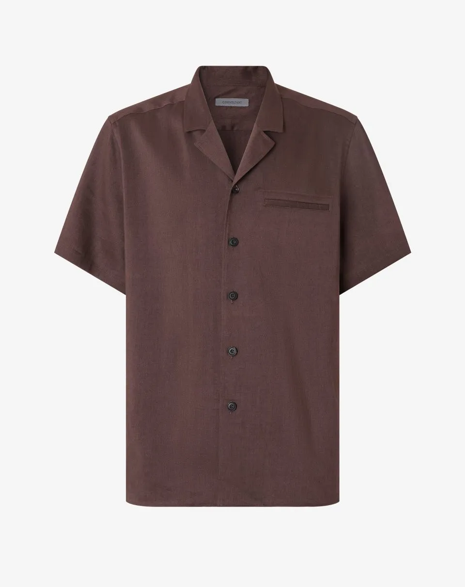 Brown short-sleeve button-down shirt with a single chest pocket and front buttons