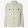Beige button-front utility jacket with four pockets and dark brown buttons.