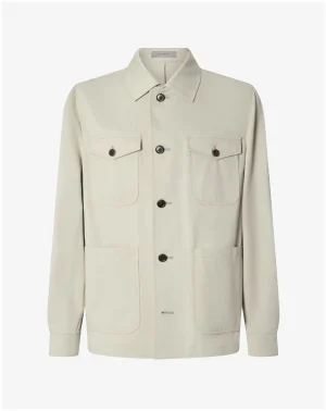 Beige button-front utility jacket with four pockets and dark brown buttons.