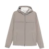 Beige-taupe hooded jacket with full front zipper and two angled side pockets