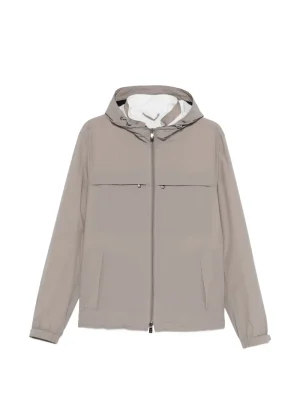 Beige-taupe hooded jacket with full front zipper and two angled side pockets