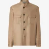 Beige jacket with a stand collar, button front, and two chest pockets with flaps.
