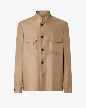 Beige jacket with a stand collar, button front, and two chest pockets with flaps.