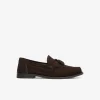 Brown suede tassel loafer shown in a side profile with a black sole and visible stitching