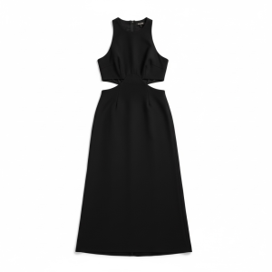 Black sleeveless long dress with a cut-out waist design, shown on a white background.