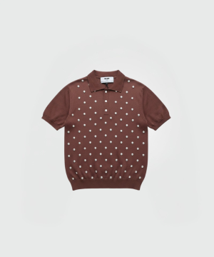 Brown short-sleeve polo shirt with small white pearl-like beads arranged in rows across the front.