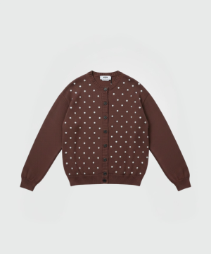 Brown knit cardigan with pearl-like beads scattered across the front and dark buttons down the center.