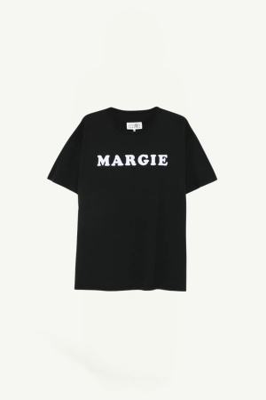 Black T-shirt with the word 'MARGIE' in white letters on the front (front view).