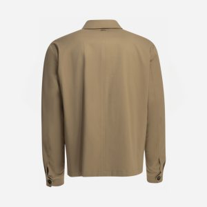 Back view of a tan lightweight jacket with long sleeves and buttoned cuffs.