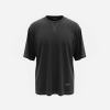 Dark gray oversized short-sleeve T-shirt with a crew neck, subtle cross-stitch detail at the neckline and stitched hem along the bottom edges.