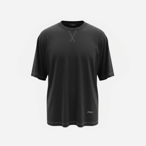 Dark gray oversized short-sleeve T-shirt with a crew neck, subtle cross-stitch detail at the neckline and stitched hem along the bottom edges.