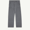 Gray denim pants with large patch pockets and visible seams, front view