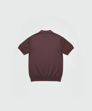 Back view of a burgundy short-sleeve knit polo shirt, with a small logo centered near the collar on the upper back.