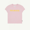 Pink short-sleeve t-shirt with the word 'MARGIE' in bold yellow letters across the front.