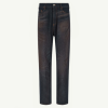 Dark denim jeans with a straight leg, front pockets, and a button fly on a pale background.