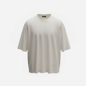 White oversized crew-neck T-shirt with dropped shoulders and short sleeves.