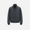 Dark gray bomber jacket with front button closure and two large flap pockets at the hips, ribbed cuffs and hem