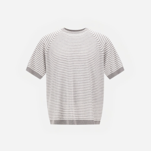 Striped knit short-sleeve sweater in white and light gray with a crew neck and ribbed cuffs and hem