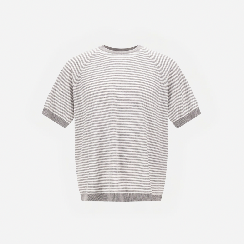 Striped knit short-sleeve sweater in white and light gray with a crew neck and ribbed cuffs and hem