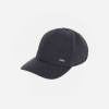Navy blue baseball cap with a small metal logo on the front panel, isolated on white background.