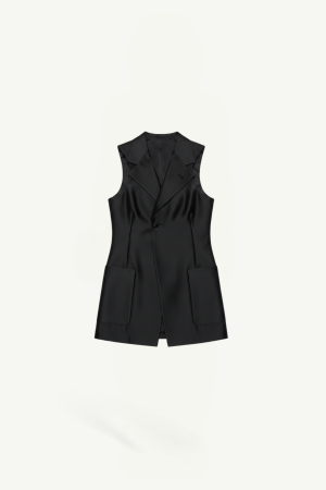 Black sleeveless blazer with wide lapels, structured shoulders, and two front patch pockets on a plain background, front view