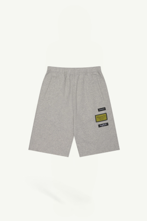 Front view of light gray shorts with an elastic waistband and two side pockets.